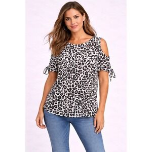 Cato Animal Print Blouse Women XL Leopard Cold Shoulder Tie Sleeve NWT